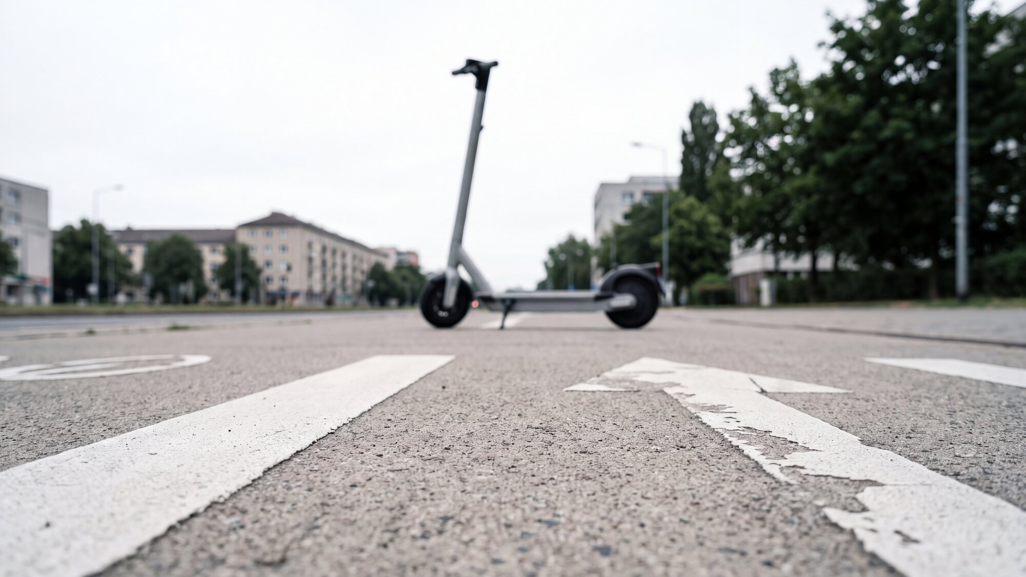 Fotografia ripresa all'altezza dell'asfalto: un monopattino elettrico fermo su una pista ciclabile urbana, con la segnaletica bianca dipinta che corre in primo piano