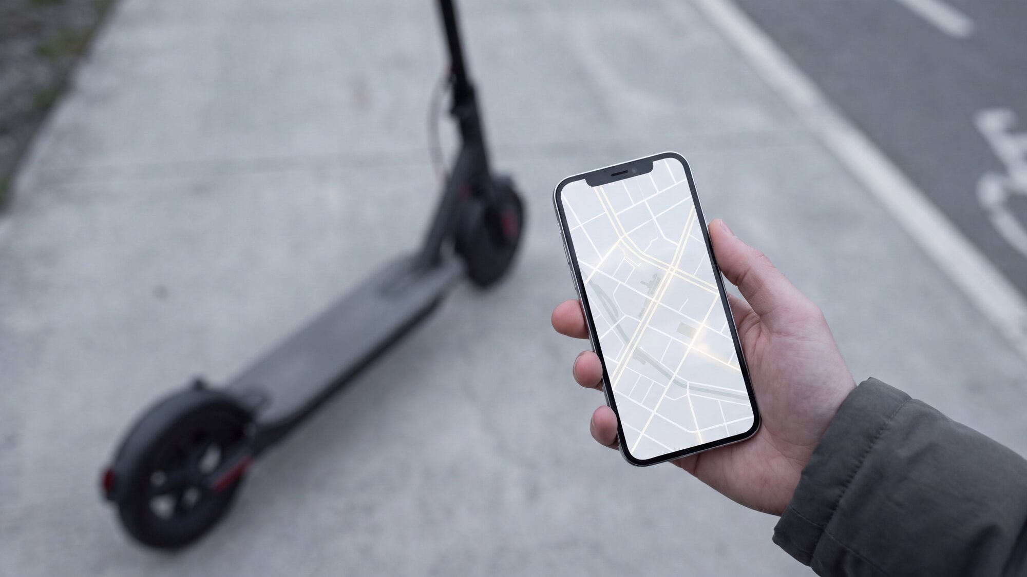 Fotografia: una mano regola la mappa sullo schermo di uno smartphone accanto a un monopattino fermo sul bordo della pista ciclabile