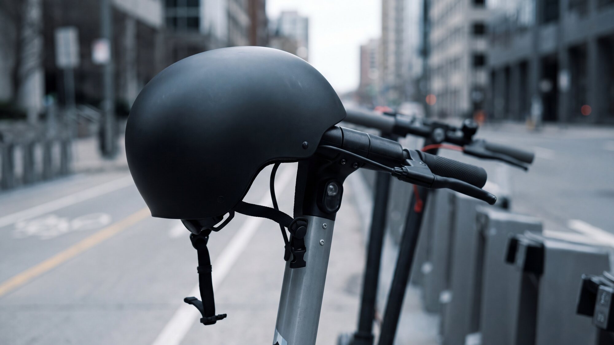 Fotografia: un casco da bici appoggiato al manubrio di un monopattino fermo, con il cinturino aperto che pende