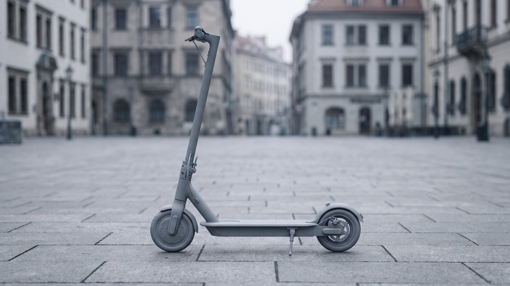 Fotografia: un monopattino elettrico visto di profilo sulla pavimentazione di una piazza, con la pedana, le due ruote piccole e il manubrio in evidenza